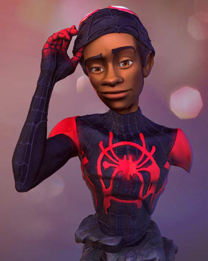 Renderizado 3D de un busto de Miles Morales, protagonista de la película de animación 'Spider-Man: Into the Spider-Verse'.