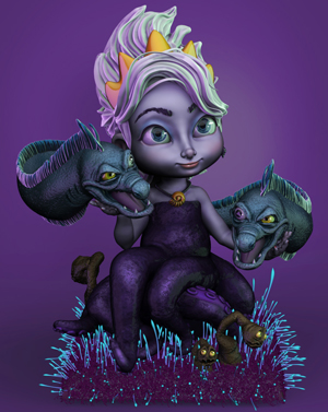 Renderizado 3D de Ursula cuando era niña, con sus secuaces Floatsam y Jetsam.